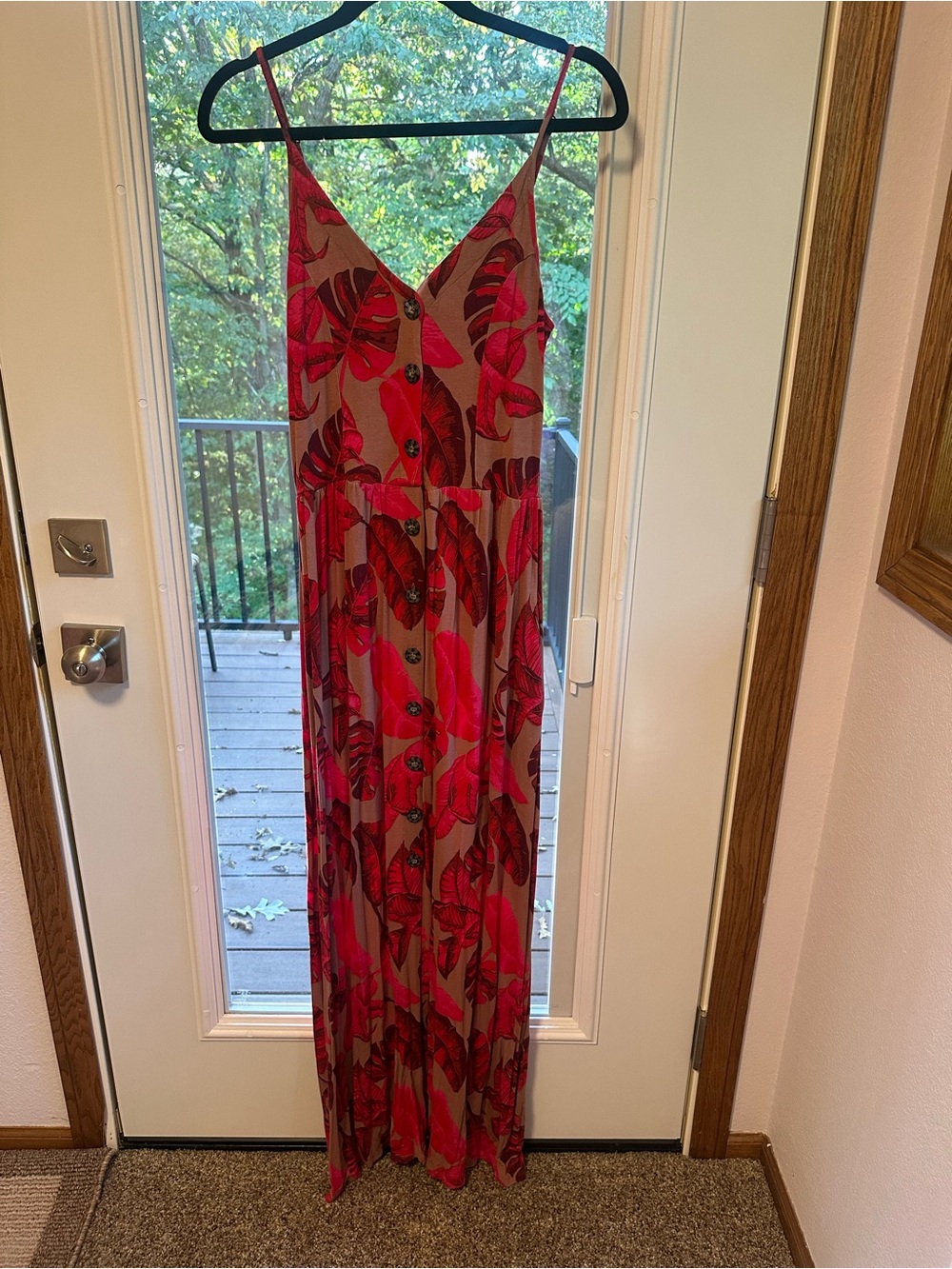 VENUS Red-Pink Tropical Leaf Button-Front Maxi Dress w/pockets